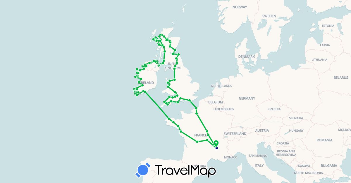 TravelMap itinerary: driving, bus in France, United Kingdom, Ireland (Europe)